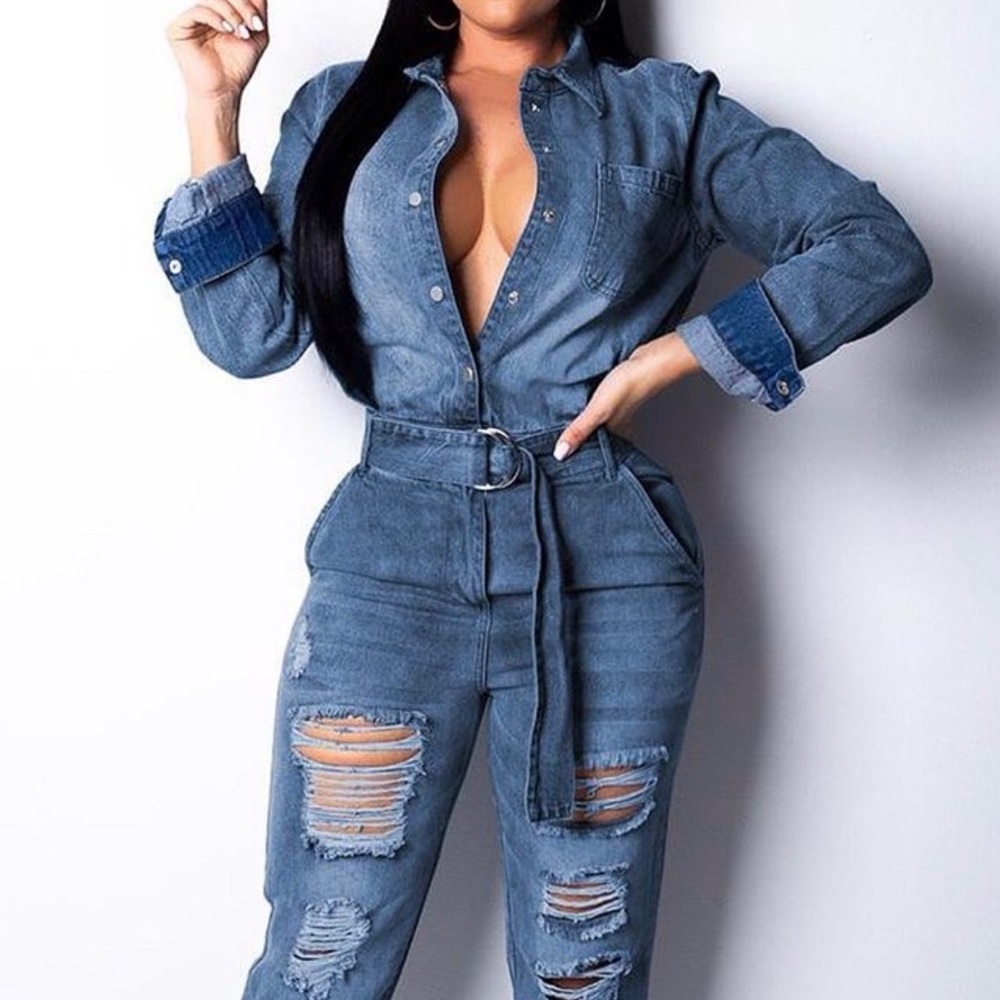 Distressed Belted Denim